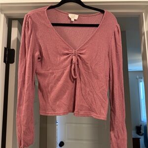 Pink Rose Mauve Ribbed Tie-Front Long Sleeve Top